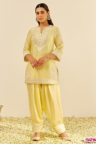 Lemon Yellow Chanderi Silk A-Line Kurta Set For Girls by Sheetal Batra - Kids