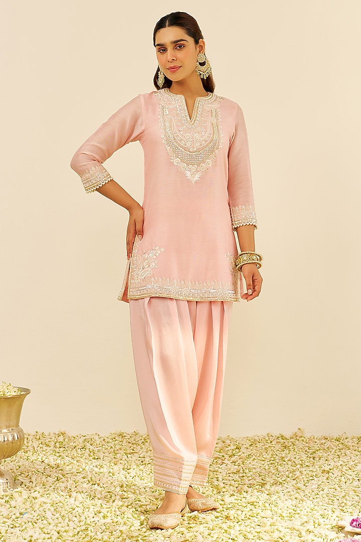 Blush Pink Chanderi Silk A-Line Kurta Set For Girls by Sheetal Batra - Kids at Pernia's Pop Up Shop