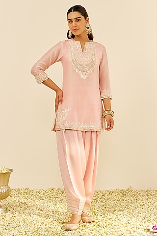 Blush Pink Chanderi Silk A-Line Kurta Set For Girls by Sheetal Batra - Kids