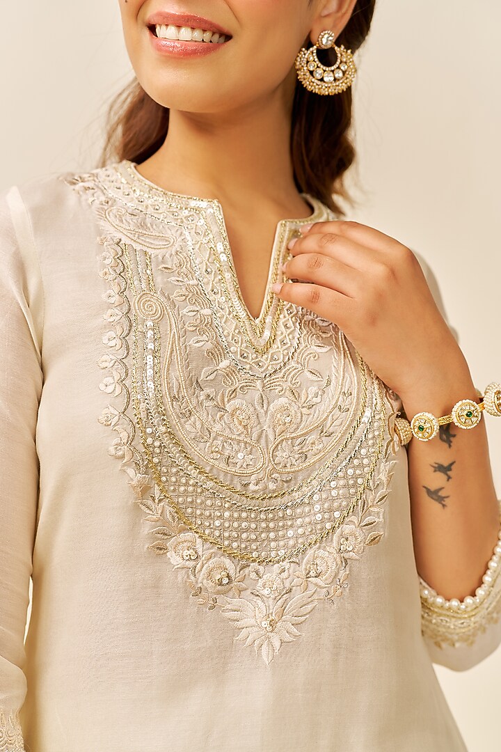 Daisy Ivory Chanderi Silk A-Line Kurta Set For Girls by Sheetal Batra - Kids at Pernia's Pop Up Shop