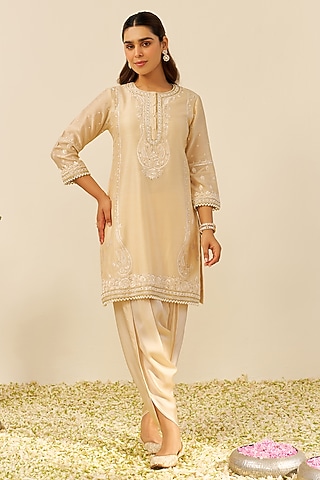 Beige Chanderi Silk Short Kurta Set For Girls by Sheetal Batra - Kids