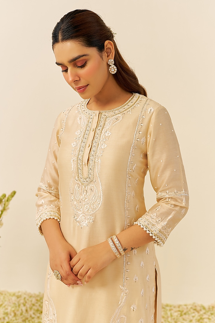 Beige Chanderi Silk Short Kurta Set For Girls by Sheetal Batra - Kids at Pernia's Pop Up Shop
