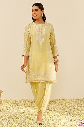 Lemon Yellow Chanderi Silk Short Kurta Set For Girls by Sheetal Batra - Kids