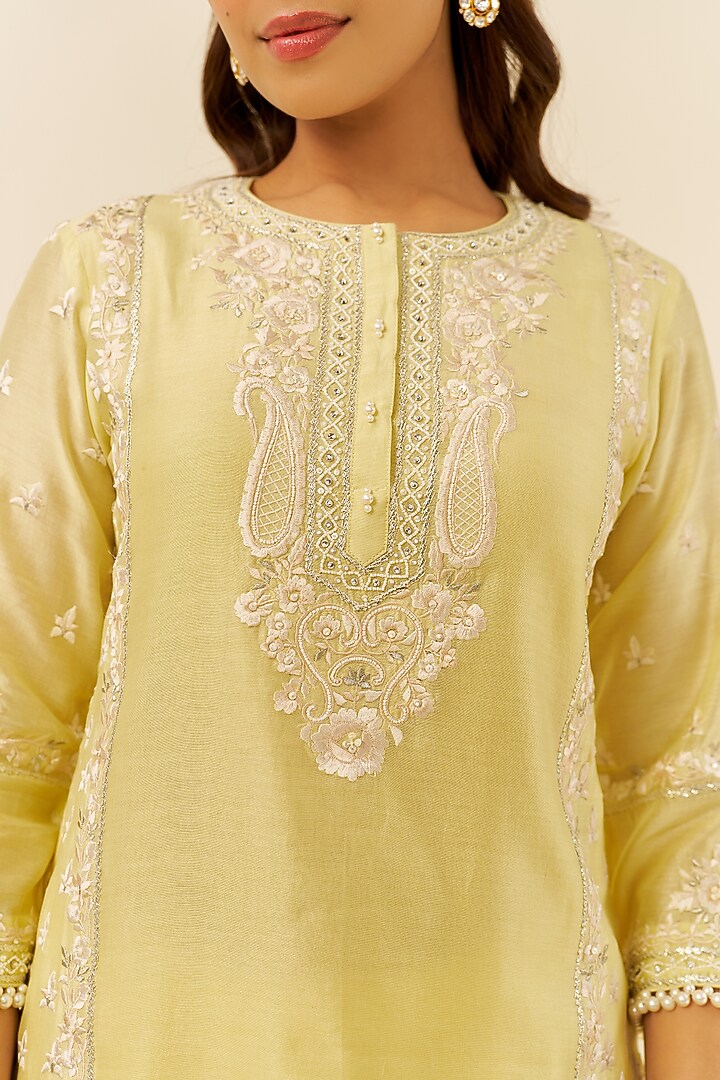 Lemon Yellow Chanderi Silk Short Kurta Set For Girls by Sheetal Batra - Kids at Pernia's Pop Up Shop