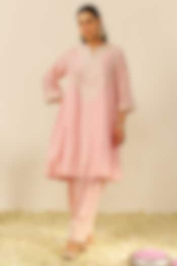 Blush Pink Chanderi Silk Parsi Gara Embroidered Kurta Set For Girls by Sheetal Batra - Kids at Pernia's Pop Up Shop
