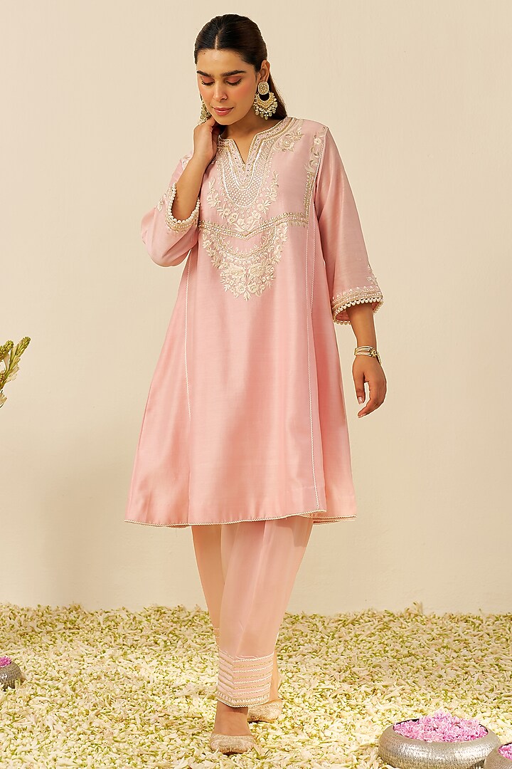 Blush Pink Chanderi Silk Parsi Gara Embroidered Kurta Set For Girls by Sheetal Batra - Kids at Pernia's Pop Up Shop