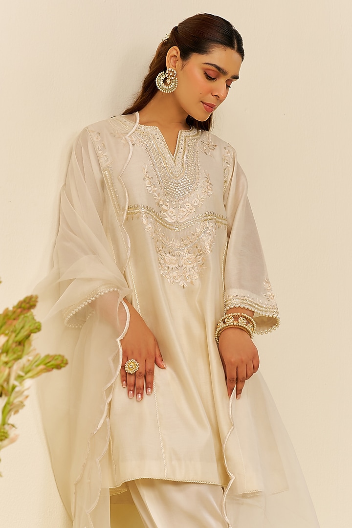 Ivory Chanderi Silk Parsi Gara Embroidered Kurta Set For Girls by Sheetal Batra - Kids at Pernia's Pop Up Shop