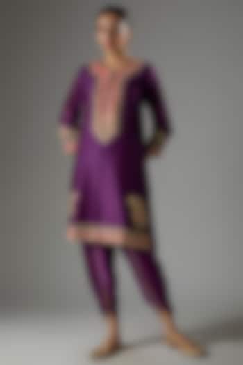 Purple Silk Chanderi Kashmiri Tilla Embroidered Kurta Set For Girls by Sheetal Batra - Kids at Pernia's Pop Up Shop