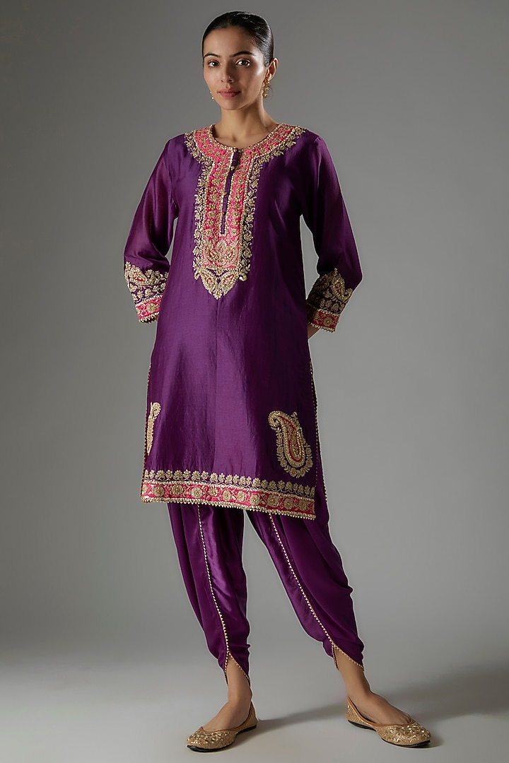 Purple Silk Chanderi Kashmiri Tilla Embroidered Kurta Set For Girls by Sheetal Batra - Kids at Pernia's Pop Up Shop