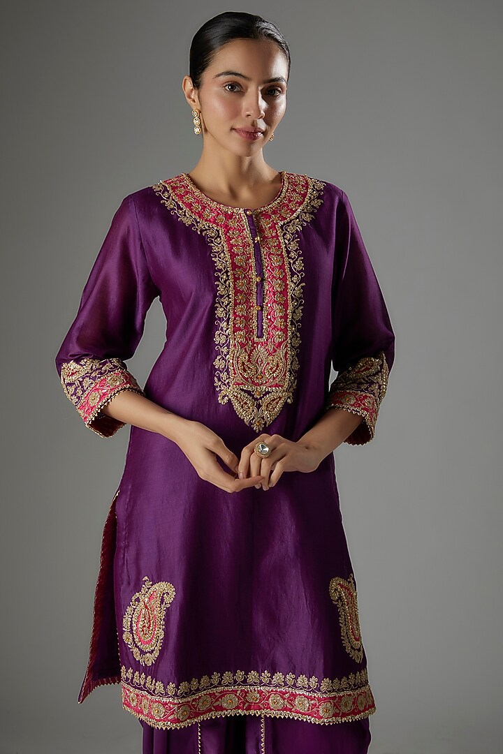 Purple Silk Chanderi Kashmiri Tilla Embroidered Kurta Set For Girls by Sheetal Batra - Kids at Pernia's Pop Up Shop