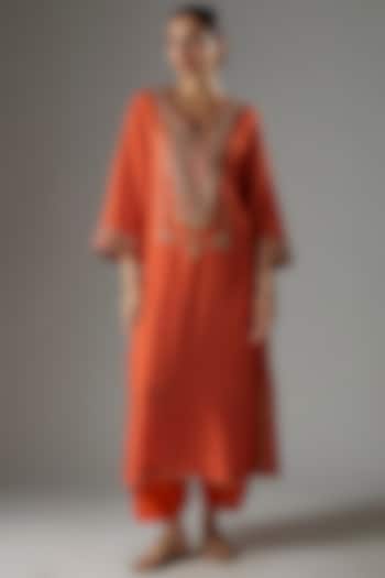 Orange Upada Silk Printed & Embroidered Kurta Set For Girls by Sheetal Batra - Kids at Pernia's Pop Up Shop