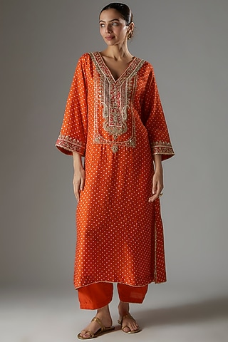 Orange Upada Silk Printed & Embroidered Kurta Set For Girls by Sheetal Batra - Kids