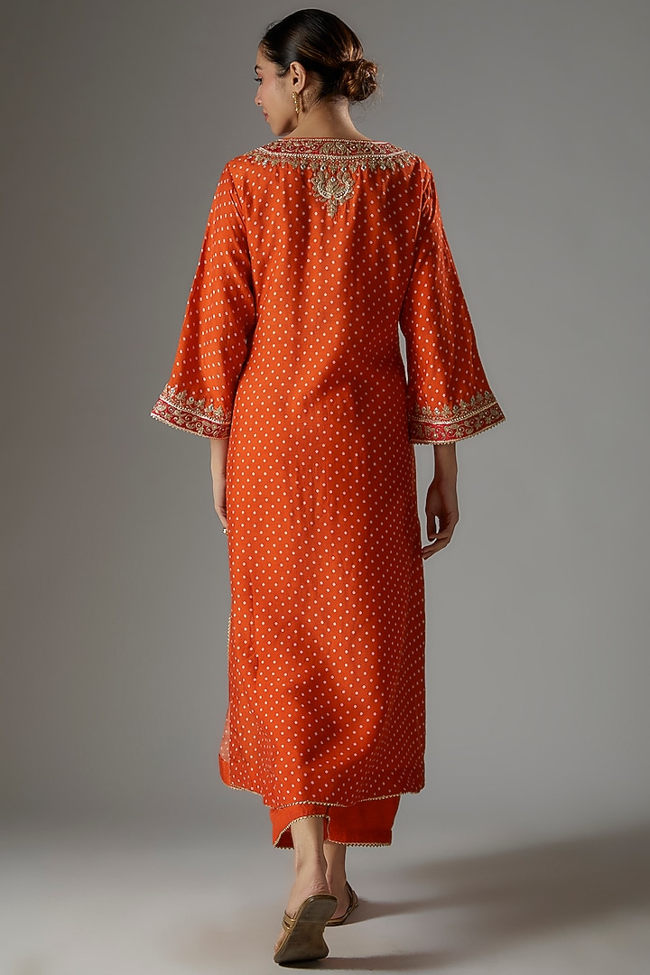 Orange Upada Silk Printed & Embroidered Kurta Set For Girls by Sheetal Batra - Kids at Pernia's Pop Up Shop