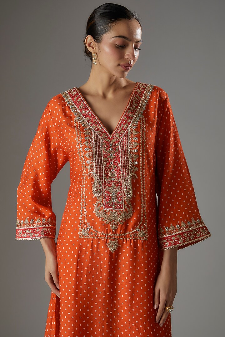 Orange Upada Silk Printed & Embroidered Kurta Set For Girls by Sheetal Batra - Kids at Pernia's Pop Up Shop