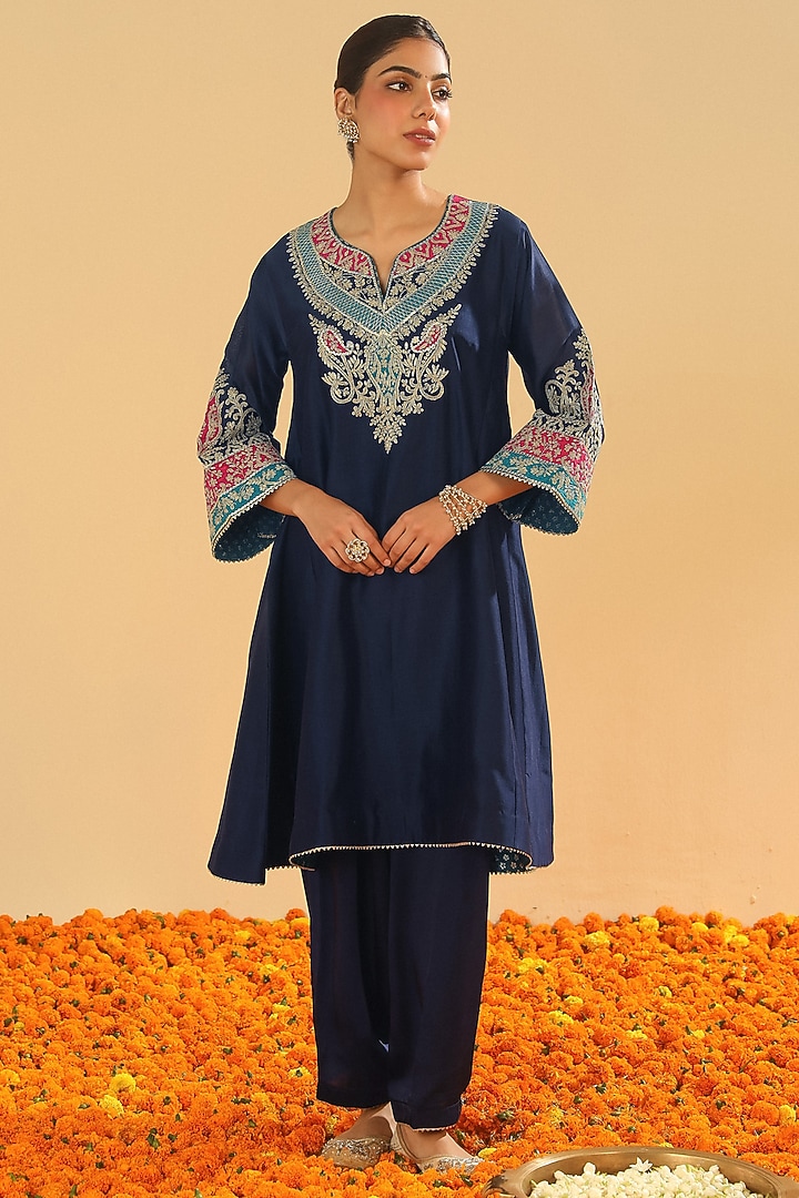 Deep Blue Pure Silk Chanderi Embroidered Kurta Set For Girls by Sheetal Batra - Kids at Pernia's Pop Up Shop