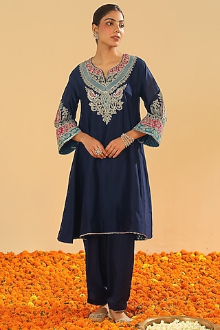 Deep Blue Pure Silk Chanderi Embroidered Kurta Set For Girls by Sheetal Batra - Kids