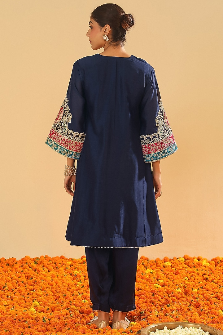 Deep Blue Pure Silk Chanderi Embroidered Kurta Set For Girls by Sheetal Batra - Kids at Pernia's Pop Up Shop