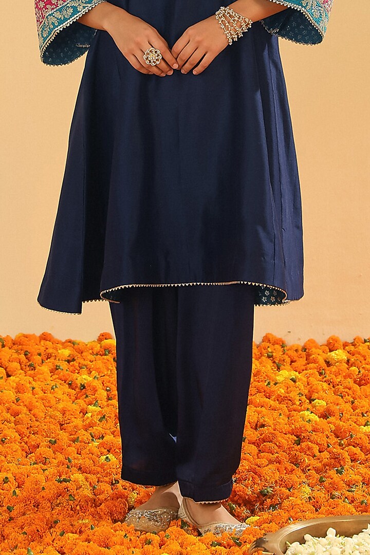 Deep Blue Pure Silk Chanderi Embroidered Kurta Set For Girls by Sheetal Batra - Kids at Pernia's Pop Up Shop