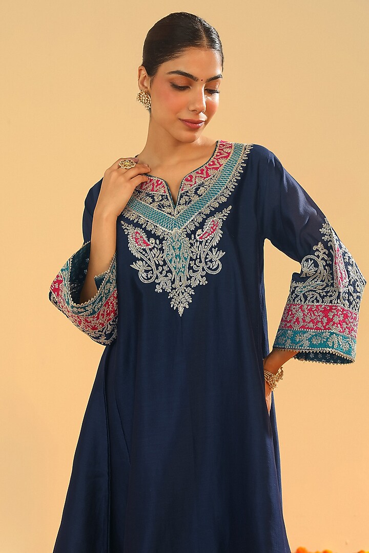Deep Blue Pure Silk Chanderi Embroidered Kurta Set For Girls by Sheetal Batra - Kids at Pernia's Pop Up Shop