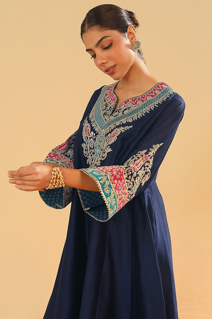 Deep Blue Pure Silk Chanderi Embroidered Kurta Set For Girls by Sheetal Batra - Kids at Pernia's Pop Up Shop