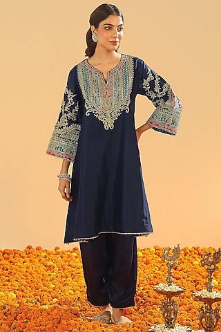 Deep Blue Pure Silk Chanderi Embroidered Kurta Set For Girls by Sheetal Batra - Kids