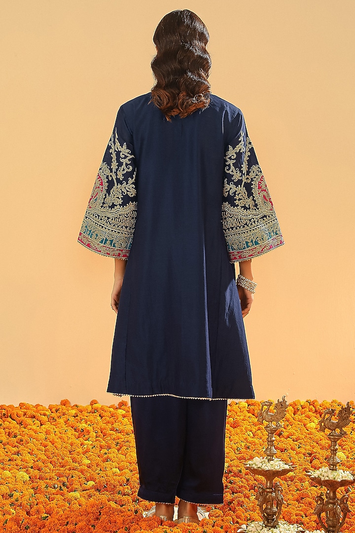 Deep Blue Pure Silk Chanderi Embroidered Kurta Set For Girls by Sheetal Batra - Kids at Pernia's Pop Up Shop