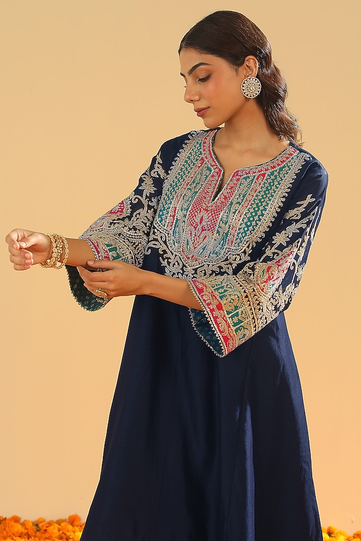 Deep Blue Pure Silk Chanderi Embroidered Kurta Set For Girls by Sheetal Batra - Kids at Pernia's Pop Up Shop