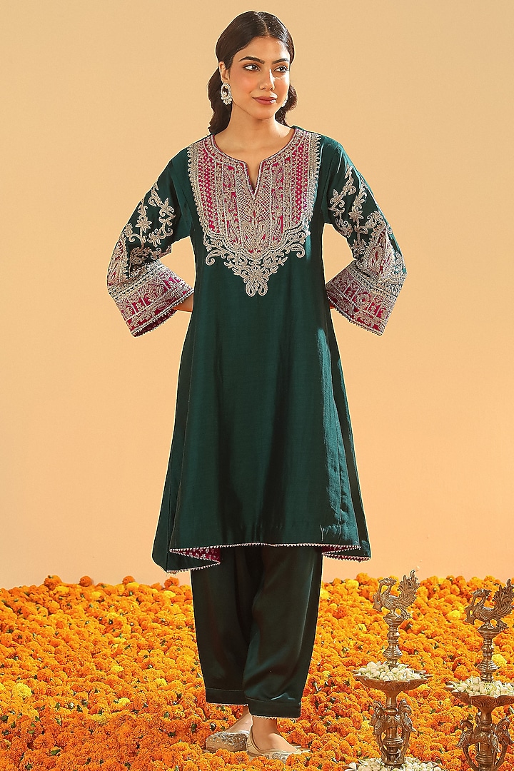Emerald Green Pure Silk Chanderi Embroidered Kurta Set For Girls by Sheetal Batra - Kids at Pernia's Pop Up Shop