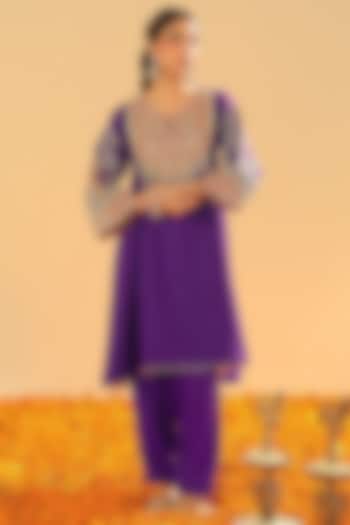 Purple Pure Silk Chanderi Embroidered Kurta Set For Girls by Sheetal Batra - Kids at Pernia's Pop Up Shop