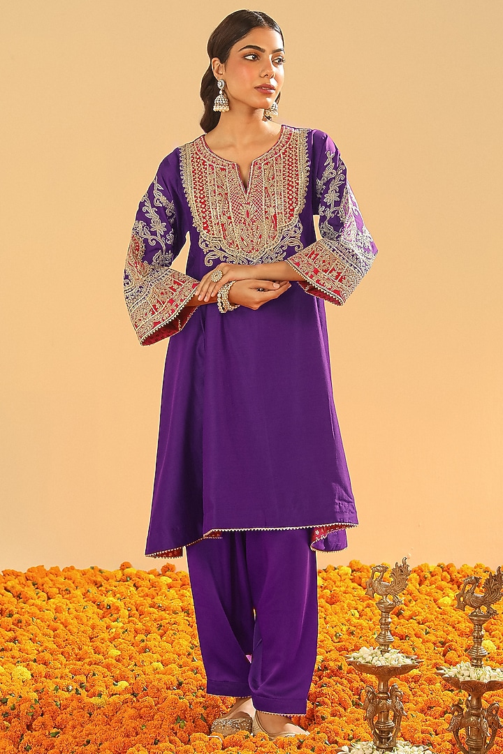 Purple Pure Silk Chanderi Embroidered Kurta Set For Girls by Sheetal Batra - Kids at Pernia's Pop Up Shop