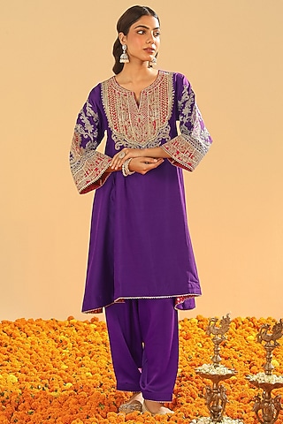 Purple Pure Silk Chanderi Embroidered Kurta Set For Girls by Sheetal Batra - Kids