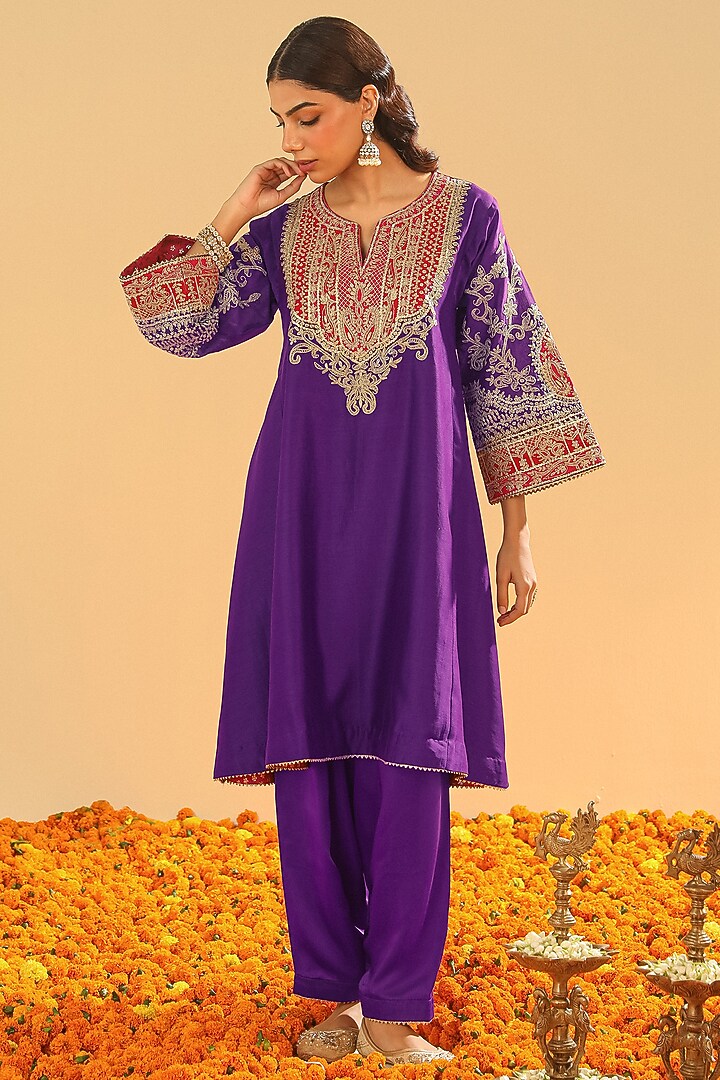 Purple Pure Silk Chanderi Embroidered Kurta Set For Girls by Sheetal Batra - Kids at Pernia's Pop Up Shop