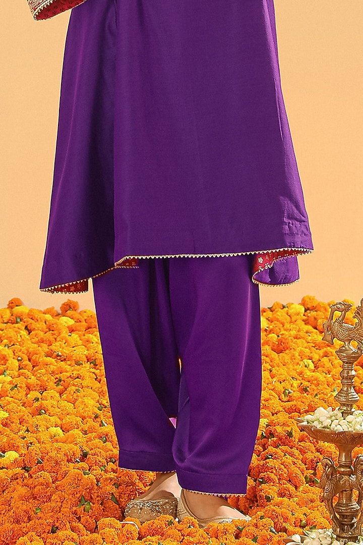 Purple Pure Silk Chanderi Embroidered Kurta Set For Girls by Sheetal Batra - Kids at Pernia's Pop Up Shop