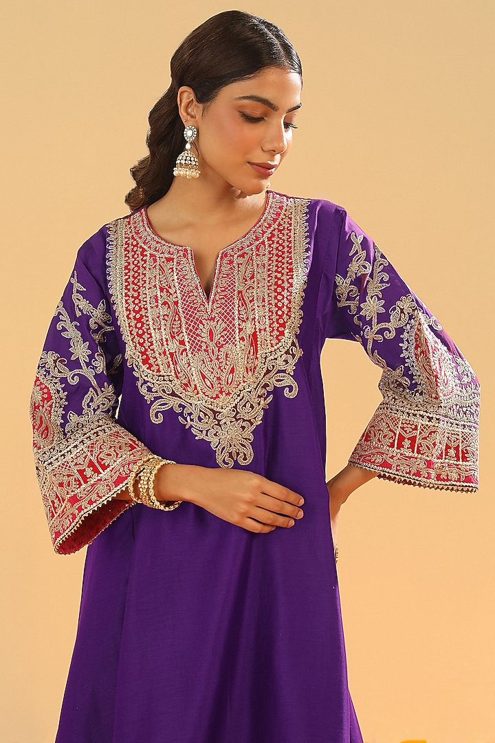 Purple Pure Silk Chanderi Embroidered Kurta Set For Girls by Sheetal Batra - Kids at Pernia's Pop Up Shop