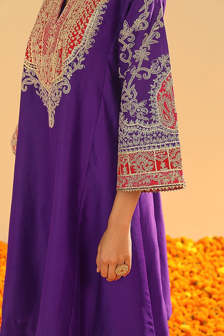 Purple Pure Silk Chanderi Embroidered Kurta Set For Girls by Sheetal Batra - Kids at Pernia's Pop Up Shop