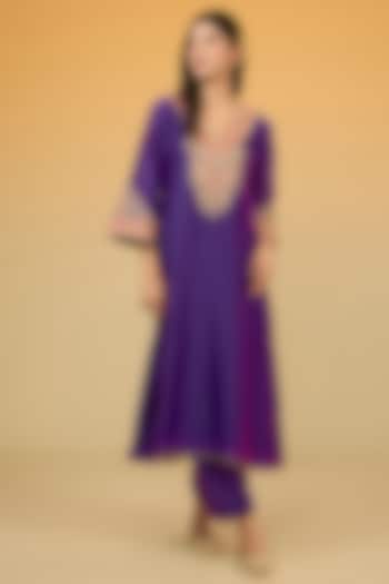 Purple Silk Chanderi Hand Embroidered A-Line Kurta Set For Girls by Sheetal Batra - Kids at Pernia's Pop Up Shop