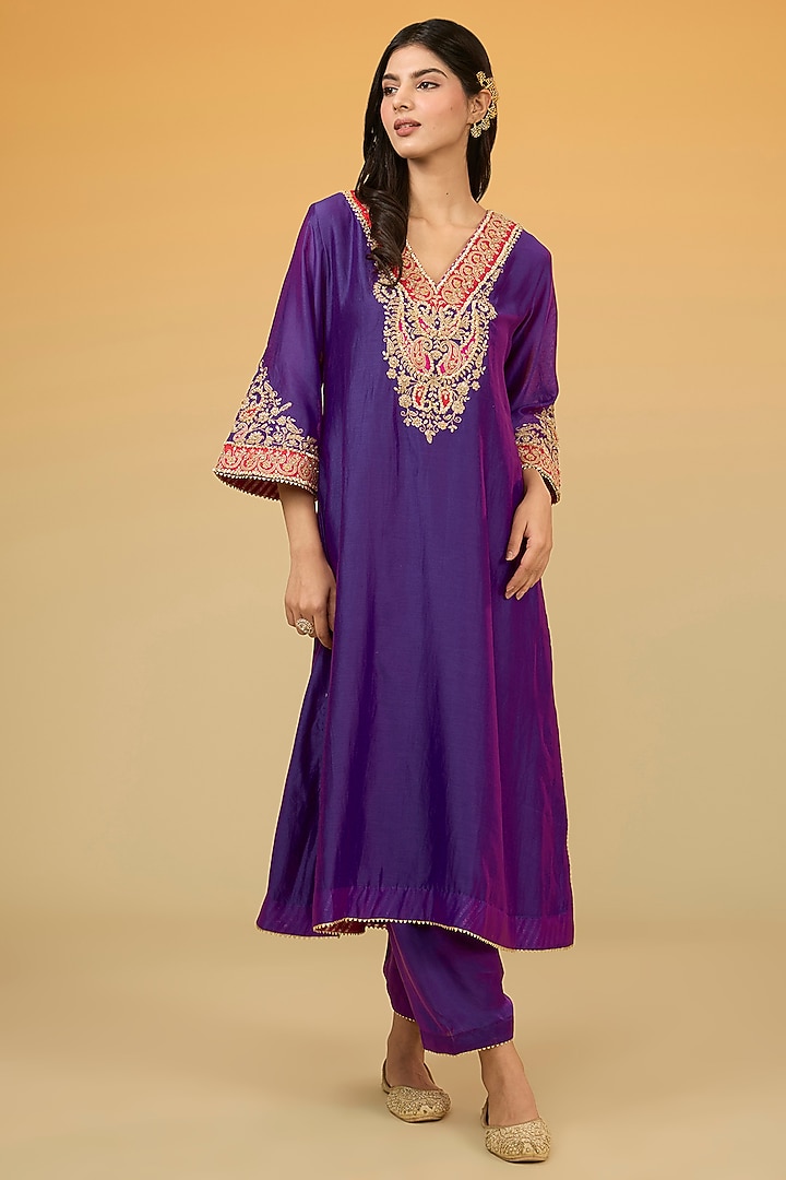 Purple Silk Chanderi Hand Embroidered A-Line Kurta Set For Girls by Sheetal Batra - Kids at Pernia's Pop Up Shop