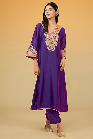 Purple Silk Chanderi Hand Embroidered A-Line Kurta Set For Girls by Sheetal Batra - Kids