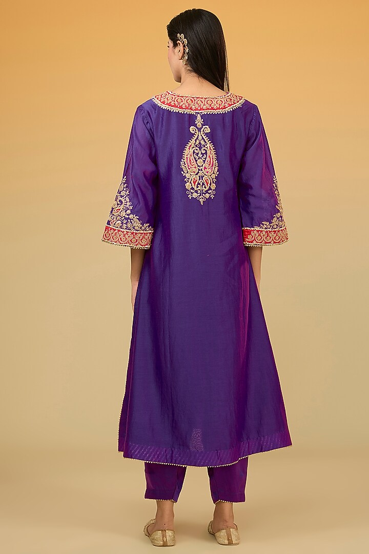 Purple Silk Chanderi Hand Embroidered A-Line Kurta Set For Girls by Sheetal Batra - Kids at Pernia's Pop Up Shop
