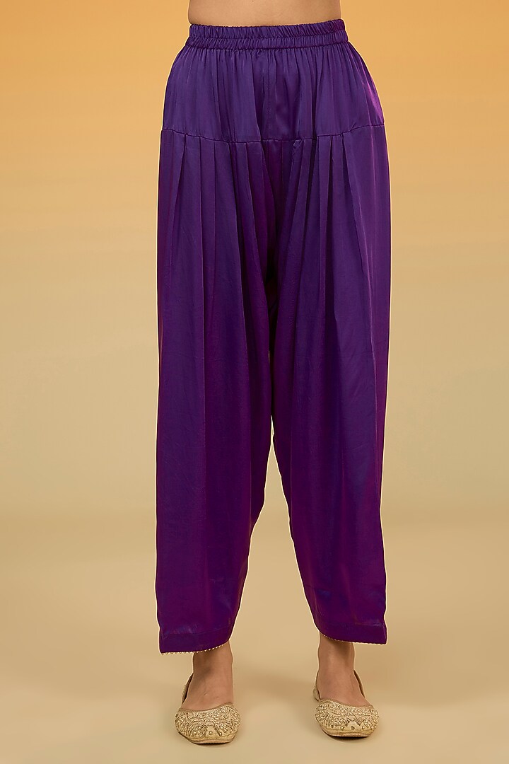 Purple Silk Chanderi Hand Embroidered A-Line Kurta Set For Girls by Sheetal Batra - Kids at Pernia's Pop Up Shop