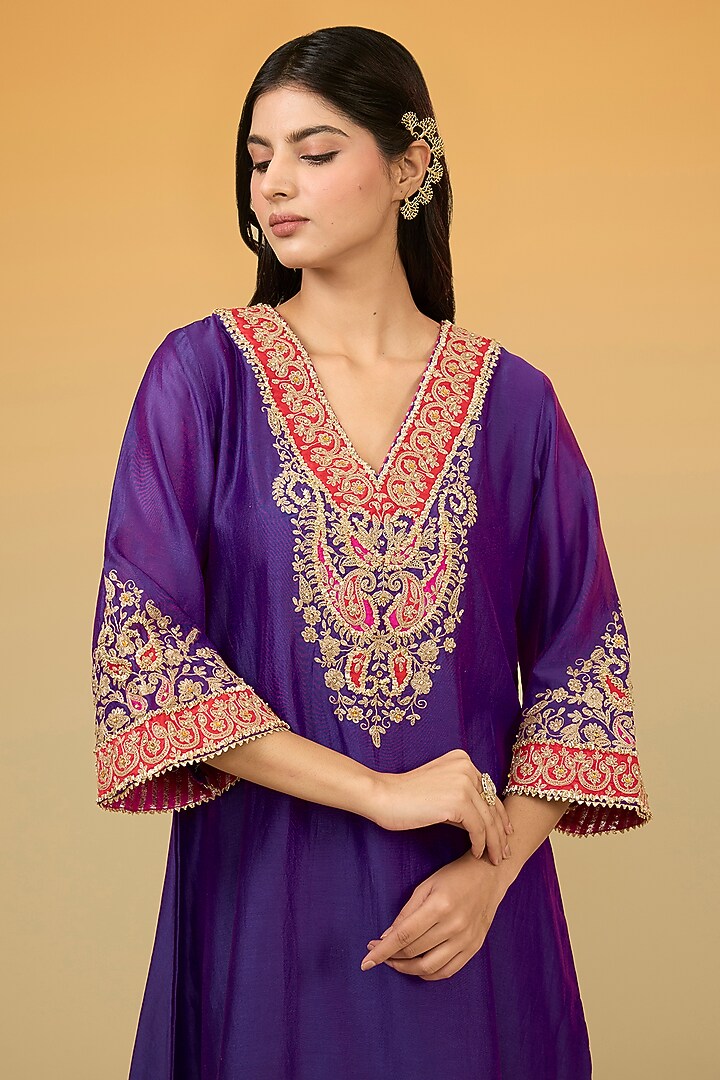Purple Silk Chanderi Hand Embroidered A-Line Kurta Set For Girls by Sheetal Batra - Kids at Pernia's Pop Up Shop