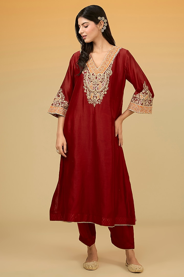 Red Silk Chanderi Hand Embroidered A-Line Kurta Set For Girls by Sheetal Batra - Kids at Pernia's Pop Up Shop