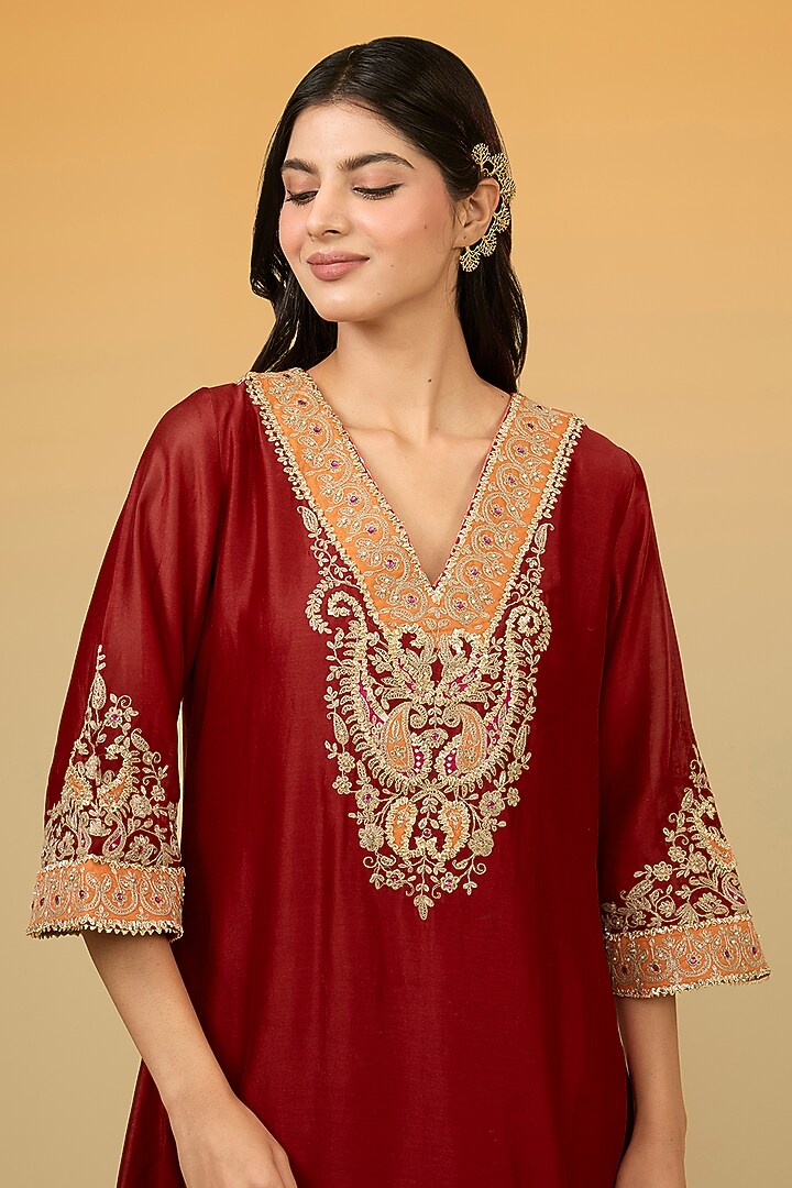 Red Silk Chanderi Hand Embroidered A-Line Kurta Set For Girls by Sheetal Batra - Kids at Pernia's Pop Up Shop