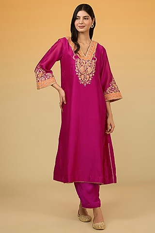 Pink Silk Chanderi Hand Embroidered A-Line Kurta Set For Girls by Sheetal Batra - Kids