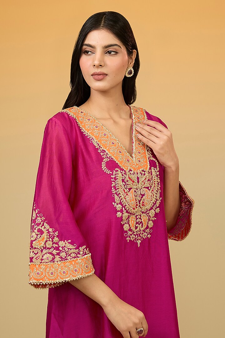 Pink Silk Chanderi Hand Embroidered A-Line Kurta Set For Girls by Sheetal Batra - Kids at Pernia's Pop Up Shop