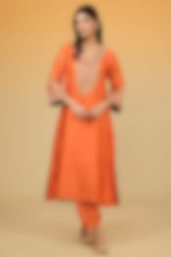 Orange Silk Chanderi Hand Embroidered A-Line Kurta Set For Girls by Sheetal Batra - Kids at Pernia's Pop Up Shop