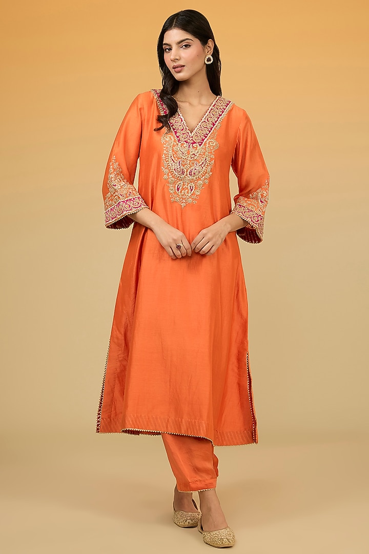 Orange Silk Chanderi Hand Embroidered A-Line Kurta Set For Girls by Sheetal Batra - Kids at Pernia's Pop Up Shop