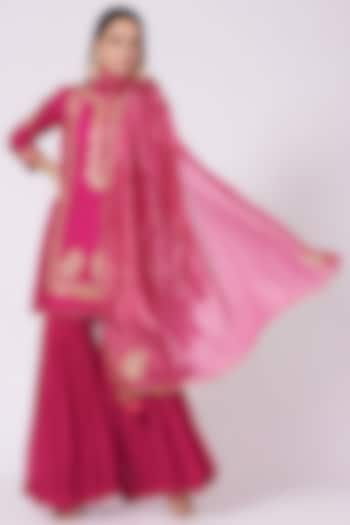 Pink Embroidered Gharara Set For Girls by Sheetal Batra - Kids
