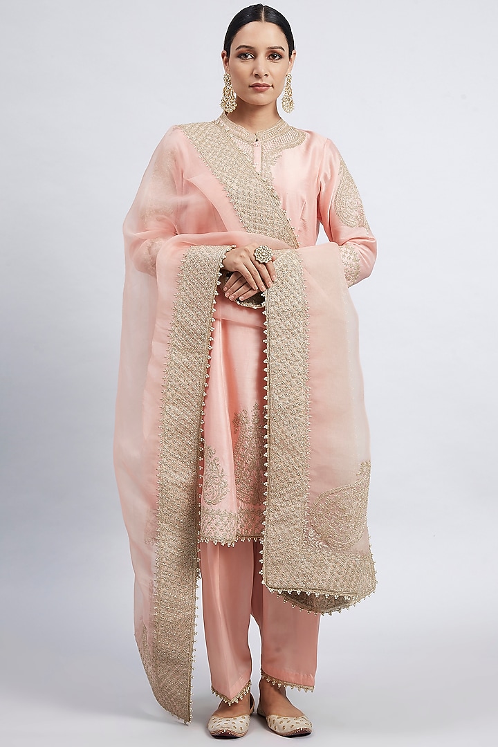 Carnation Pink Embroidered Kurta Set For Girls by Sheetal Batra - Kids at Pernia's Pop Up Shop