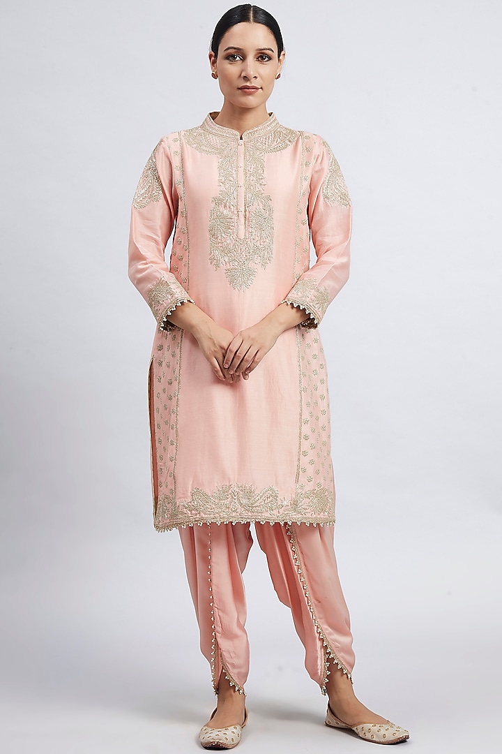 Carnation Pink Embroidered Kurta With Dhoti For Girls by Sheetal Batra - Kids